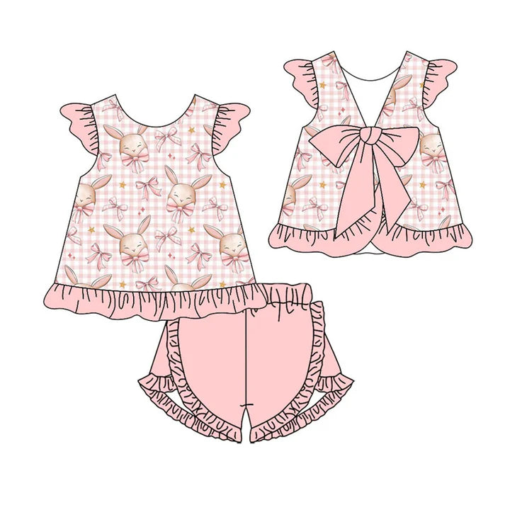 Preorder(moq 5) Baby Girls Pink Bows Rabbits Checked Tunic Ruffle Shorts Easter Clothes Sets 11.19