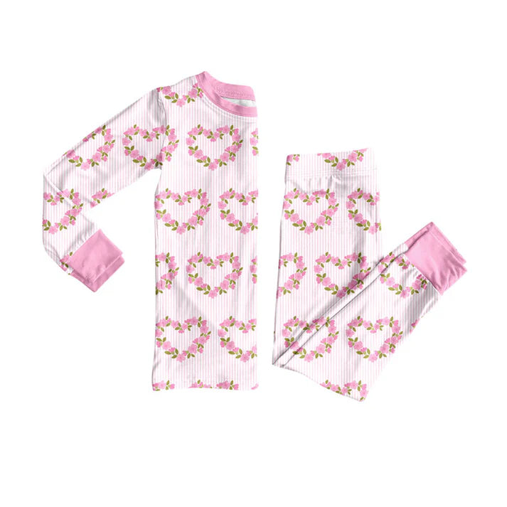 Preorder (moq 5)Baby Girls Pink Flower Hearts Top Pants Valentine Pajamas Sets 9.6
