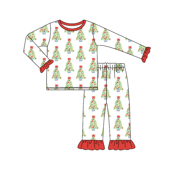 Preorder (moq 5)Baby Girls Long Ruffle Sleeves Trees Plaid Top Pant Pajamas Set 6.18