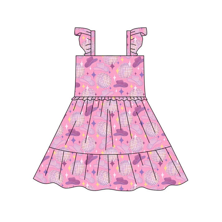 Preorder(moq 5) Baby Girls Pink Hats Stars Patchwork Western Knee Length Dresses 10.17