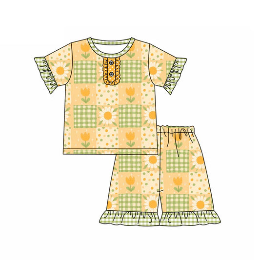 Preorder (moq 5)Baby Girls Short Ruffle Sleeves Button Daisy Flowers Plaid Top Short Pajamas Set 5.14