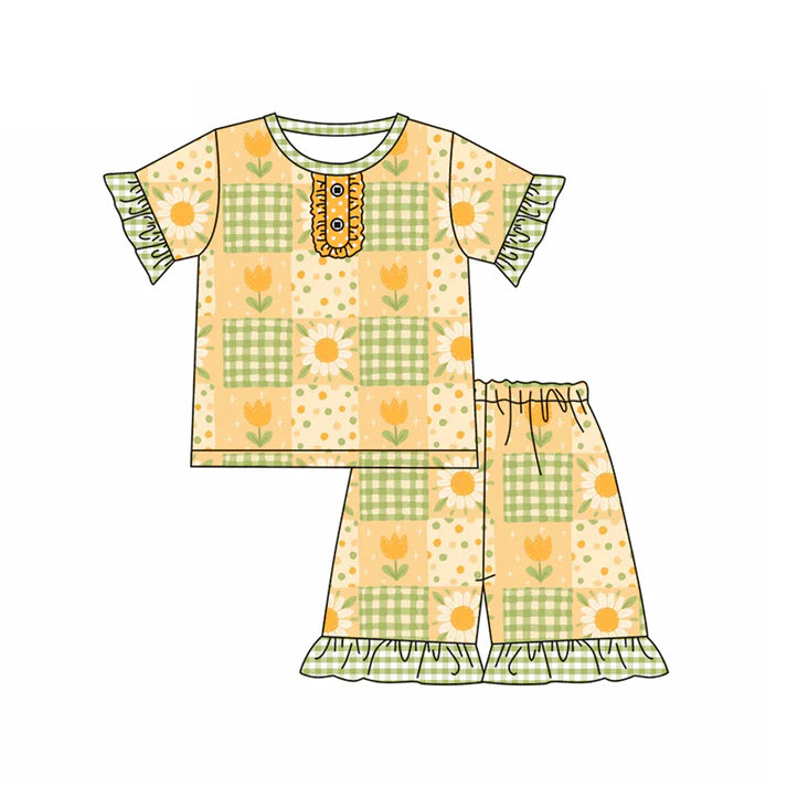 Preorder (moq 5)Baby Girls Short Ruffle Sleeves Button Daisy Flowers Plaid Top Short Pajamas Set 4.26