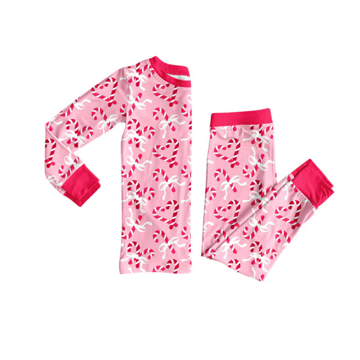 Preorder (moq 5)Baby Girls Pink Long Sleeves Bows Candy Cane Top Bell Bottom Pants Set 6.21