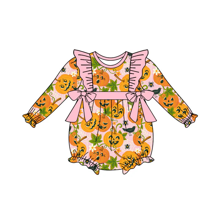 Preorder (moq 5)Baby Girls Long Sleeves Ghost Pumpkins Floral Bows Ruffle Romper 7.5
