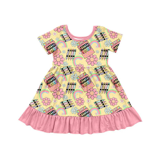 Preorder (moq 5)Baby Girls Pencils Flowers Back to School Ruffle Knee Length Dresses 1.14