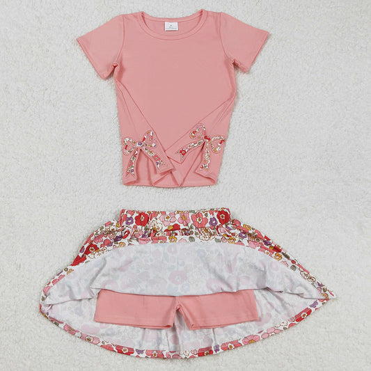 Baby Girls Clothes Coral Bow Embroidery Tops Flowers Skort Skirt Clothes Sets GSD1721