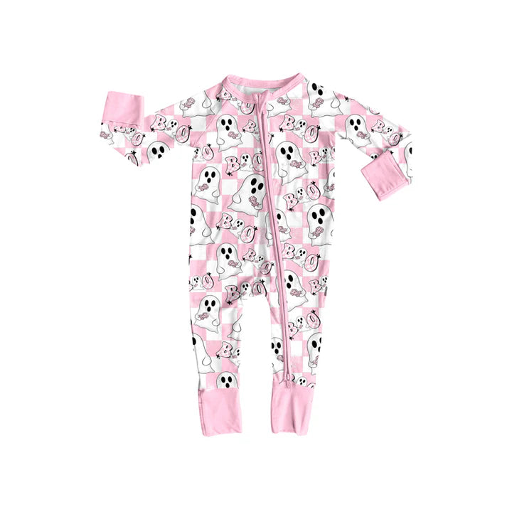 Preorder (moq 5)Baby Girls Pink Plaid Long Sleeves Ghosts BOO Zipper Rompers 6.5