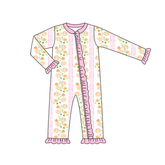Preorder (moq 5)Baby Girls Long Sleeves Pumpkins Stripes Ruffle Zipper Romper 7.5