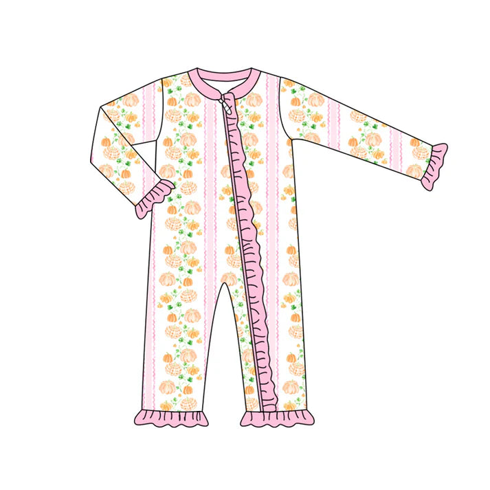 Preorder (moq 5)Baby Girls Long Sleeves Flowers Pumpkins Stripe Ruffle Zipper Romper 7.2