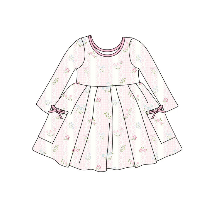 Preorder(moq 5) Baby Girls Pink Flower Hearts Stripe Pockets Knee Length Dresses 11.12
