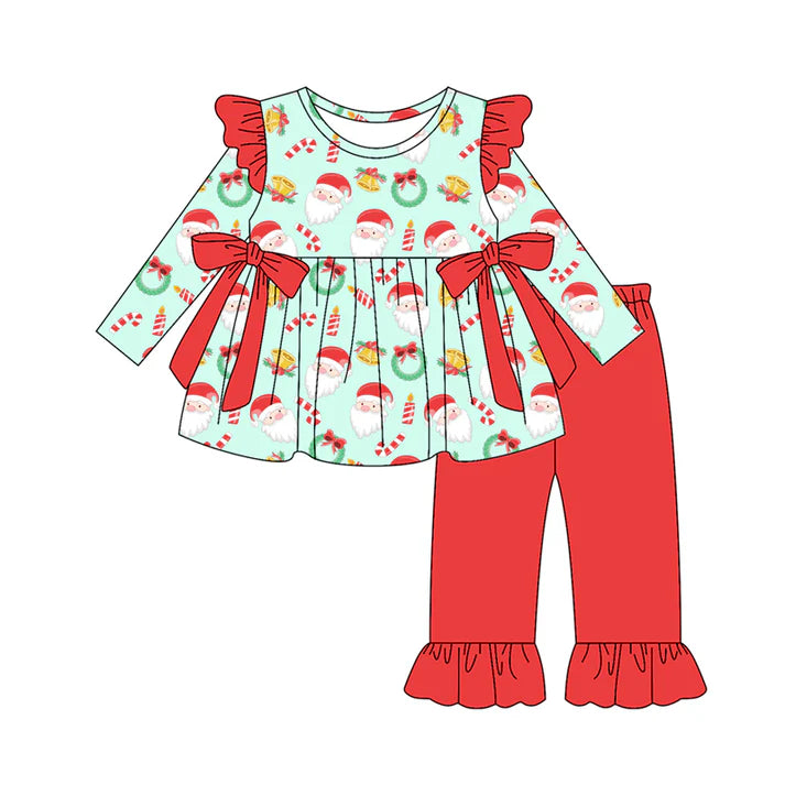 Preorder(moq 5) Baby Girls Santa Candy Cane Bows Tunic Ruffle Pants Christmas Set 8.15