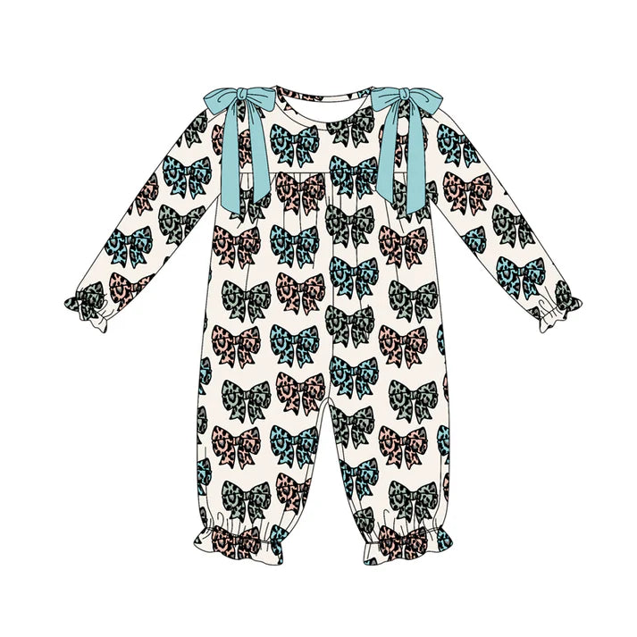 Preorder (moq 5)Baby Girls Long Sleeves Colorful Leopard Bows Plaid Ruffle Pant Romper 7.5
