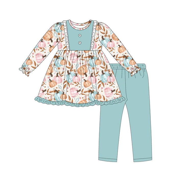 Preorder (moq 5)Baby Girls Long Ruffle Sleeves Colorful Pumpkins Button Tunic Legging Pant Set 6.18