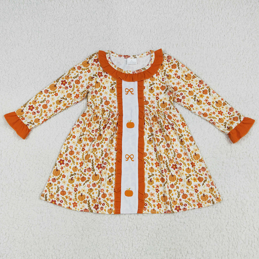Embroidery Baby Girls Dress Fall Floral Bows Pumpkins Knee Length Dresses GLD1058 6.24