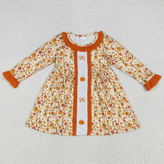 Embroidery Baby Girls Dress Fall Floral Bows Pumpkins Knee Length Dresses GLD1058 6.24