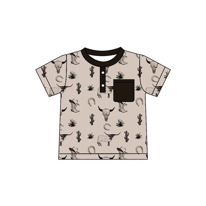 Preorder(moq 5) Baby Boys Cactus Bull Skulls Boots Button Pocket Western Polo Shirts Top 10.28