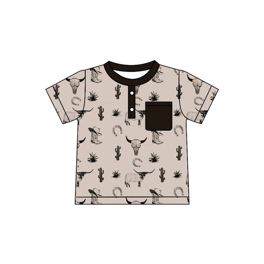 Preorder(moq 5) Baby Boys Cactus Bull Skulls Boots Button Pocket Western Polo Shirts Top 10.28