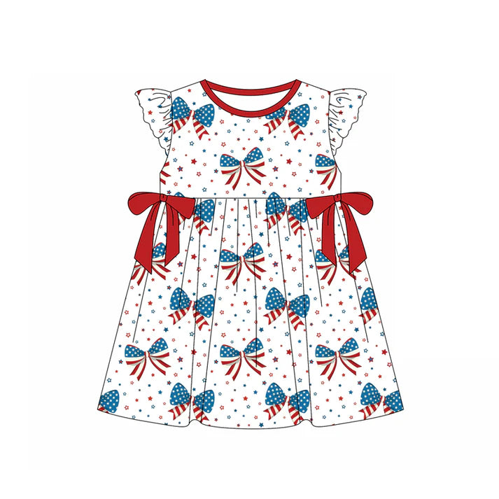 Preorder moq 5 Baby Girls Flutter Sleeves Blue Red Stars Bows 4th Of July Knee Length Dress 4.22