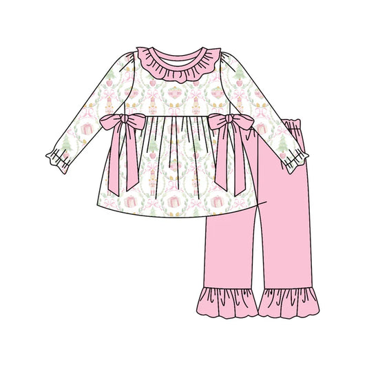 Preorder (moq 5)Baby Girls Long Sleeves Floral Plaid Bows Tunic Ruffle Pant Sets 6.10