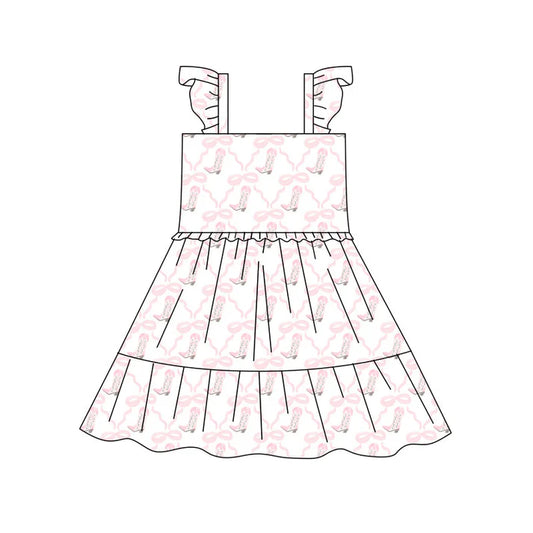 Preorder(moq 5) Baby Girls Pink Bows Boots Checked Patchwork Western Knee Length Dresses 10.17