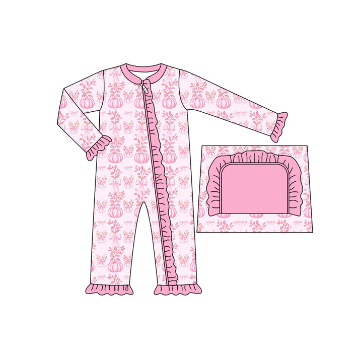 Preorder (moq 5)Baby Girls Long Ruffle Sleeves Pink Floral Pumpkins Zipper Rompers 5.17
