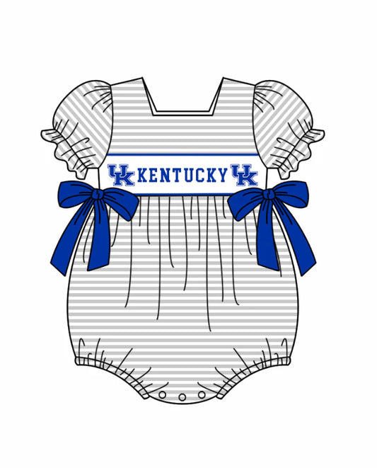 Preorder (moq 5)Baby Girls Kentucky UK Bows Stripe Team Ruffle Rompers 12.5
