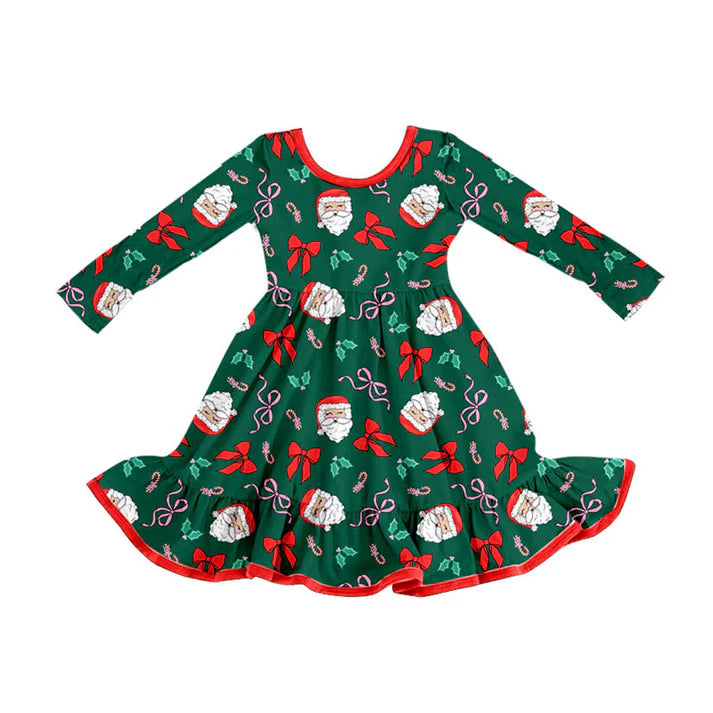 Preorder (moq 8)Baby Girls Dark Green Santa Bows Holly Christmas Ruffle Knee Length Dresses 9.22