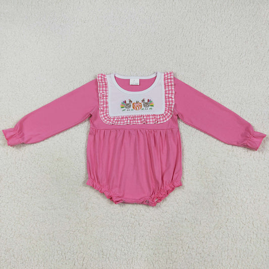 Baby Girls Rompers Pink Thanksgiving Turkey Pumpkin Embroidery Ruffle Rompers LR2287 7.18