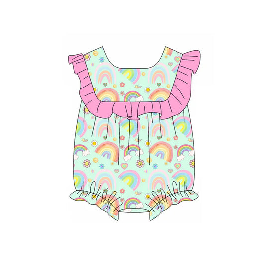 Preorder (moq 5)Baby Girls Rainbow Flower Hearts Valentines Ruffle Rompers 11.26