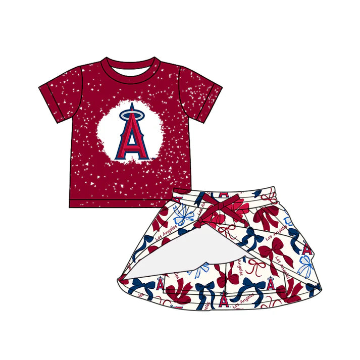 Preorder (moq 5)Baby Girls Red Short Sleeves A Top Bows Plaid Skorts Team Set 6.14