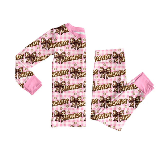 Preorder (moq 8)Baby Girls Pink Checked Bows Howdy Top Pant Pajamas Sets 9.8