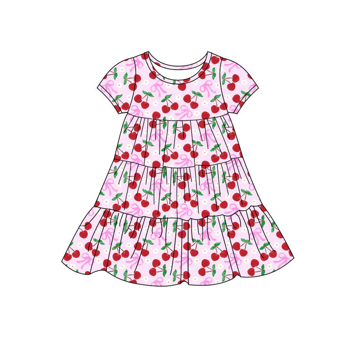 Preorder(moq 5) Baby Girls Bows Cherry Flowers Patchwork Ruffle Knee Length Dresses 11.14