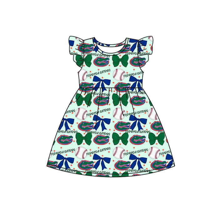 Preorder (moq 5)Baby Girls Flutter Sleeves Baseballs Bows Crocodiles Team Knee Length Dresses 6.16
