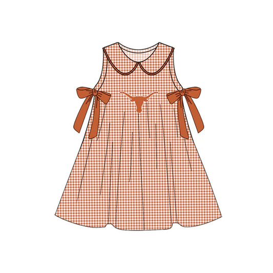 Preorder (moq 5)Baby Girls Orange Plaid Sleeveless Bows Bull Skull Team Knee Length Dresses 7.10