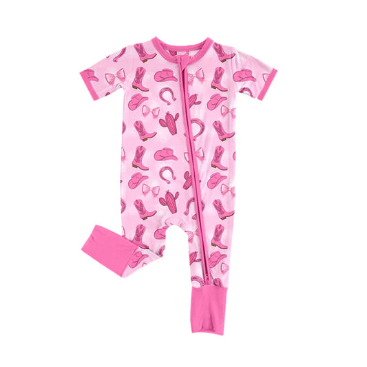 Preorder (moq 5)Baby Girls Pink Hat Boot Cactus Western Two Way Zip Convertible Rompers 12.2