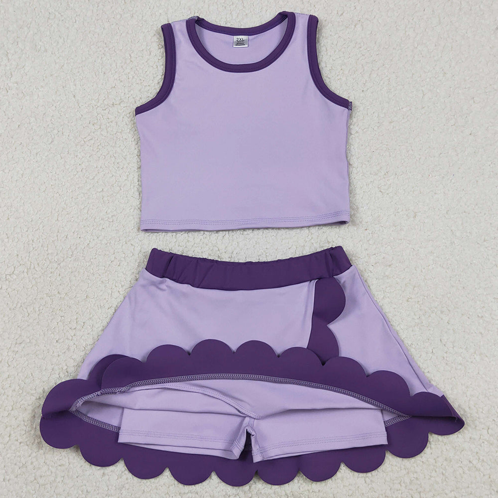 Baby Girls Clothes Sleeveless Purple Vest Scallop Skirt Short Yoga Active Clothes Set GSD4026