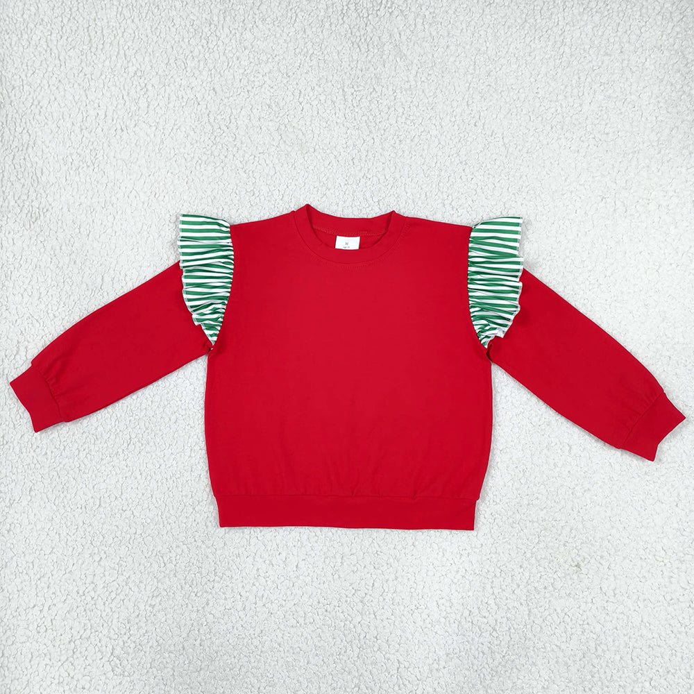 Baby Girls Red Green Stripe Long Flutter Sleeve T-shirts Top GT1844