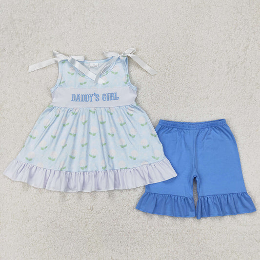 Baby Girls Clothes Blue Bows Daddy's Girl Tunic Tops Ruffle Shorts Sets GSSO2152
