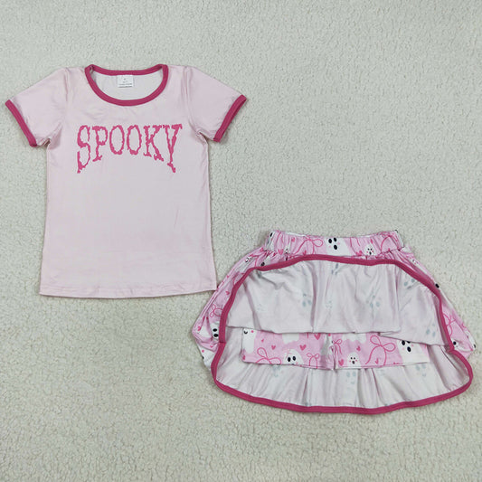 Baby Girls Clothes Pink Spooky Top Ghosts Bows Plaid Skorts Halloween Set GSD2776 8.16