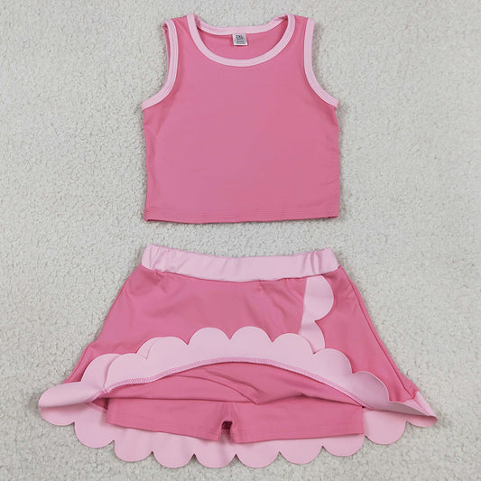 Baby Girls Clothes Sleeveless Pink Vest Scallop Skirt Short Yoga Active Clothes Set GSD4063