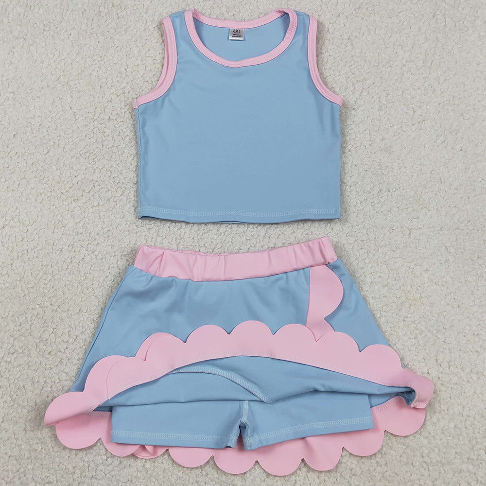 Baby Girls Clothes Sleeveless Blue Pink Vest Scallop Skirts Shorts Yoga Active Clothes Set GSD4014