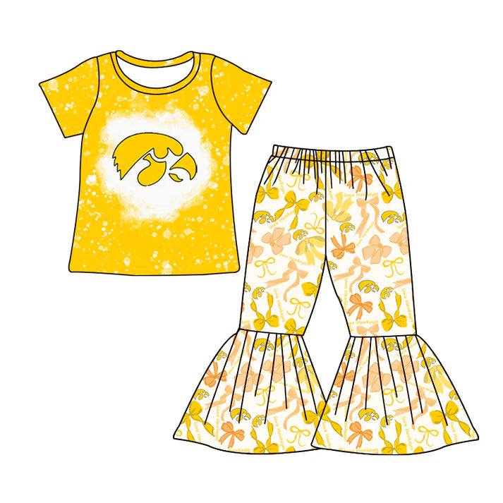 Preorder MOQ 5 bleached yellow top bow pants girls team clothes 8.25