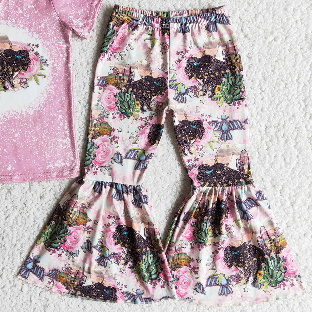 Girls Clothing Bell Bottom Outfits Flower Cow Printed Kids Clothes Girls Set E12-15 4.1