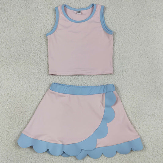 Baby Girls Clothes Sleeveless Light Pink Vest Scallop Skirt Short Yoga Active Clothes Set GSD4010