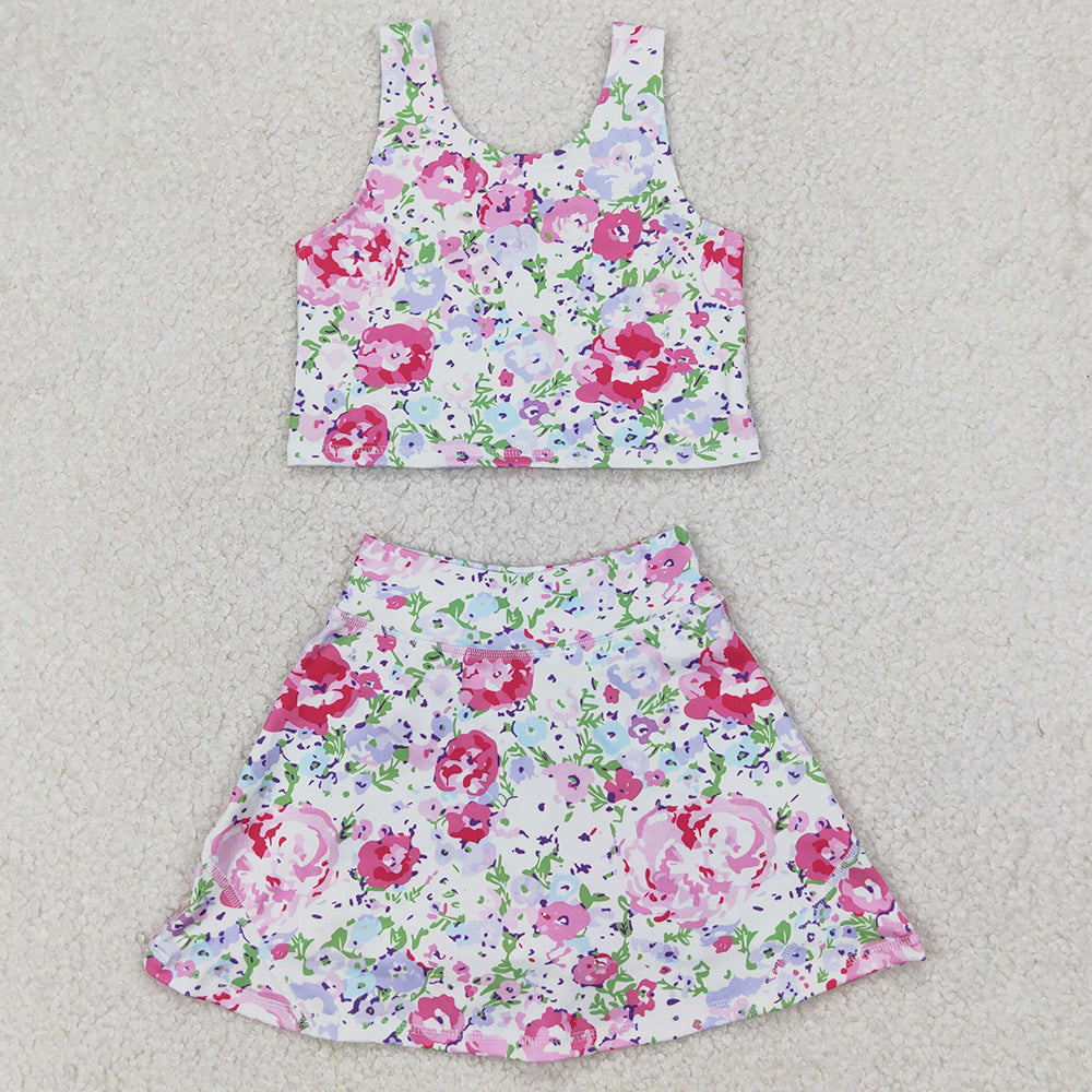 Baby Girls Clothes Pink Flowers Athletic Active Wear Top Shorts Skirts Sets GSD1989