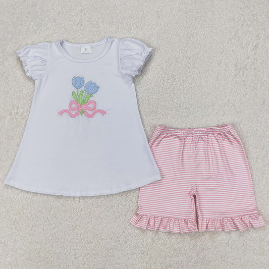 Baby Girls Clothes Tulip Bow Embroidery Tops Ruffle Shorts Sets GSSO2275