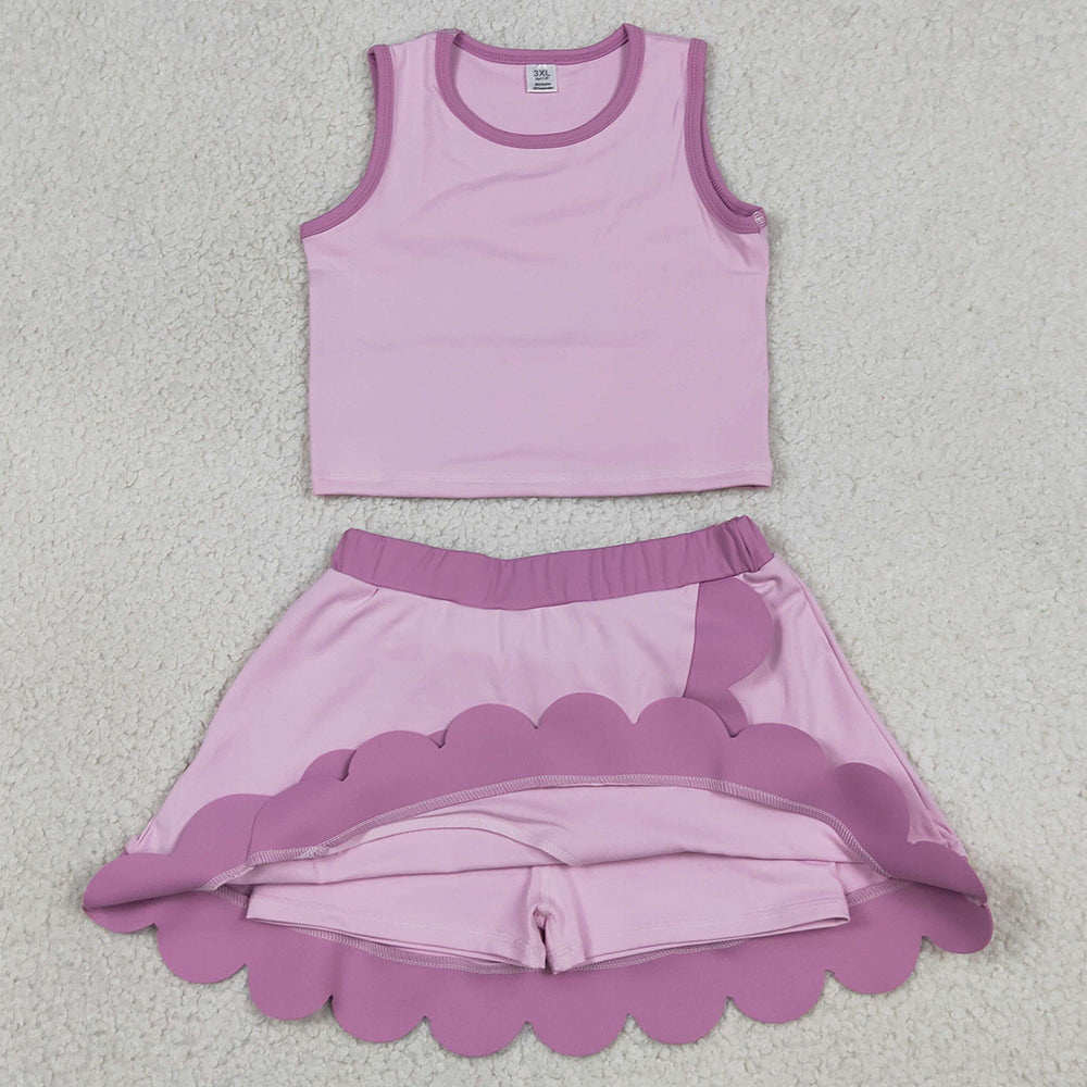 Baby Girls Clothes Pink Sleeveless Vest Scallop Skirt Short Yoga Active Clothes Set GSD4085
