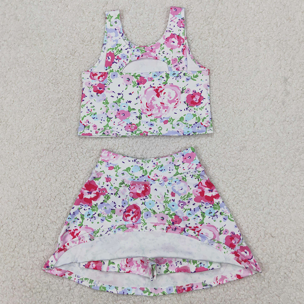Baby Girls Clothes Pink Flowers Athletic Active Wear Top Shorts Skirts Sets GSD1989