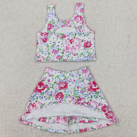Baby Girls Clothes Pink Flowers Athletic Active Wear Top Shorts Skirts Sets GSD1989