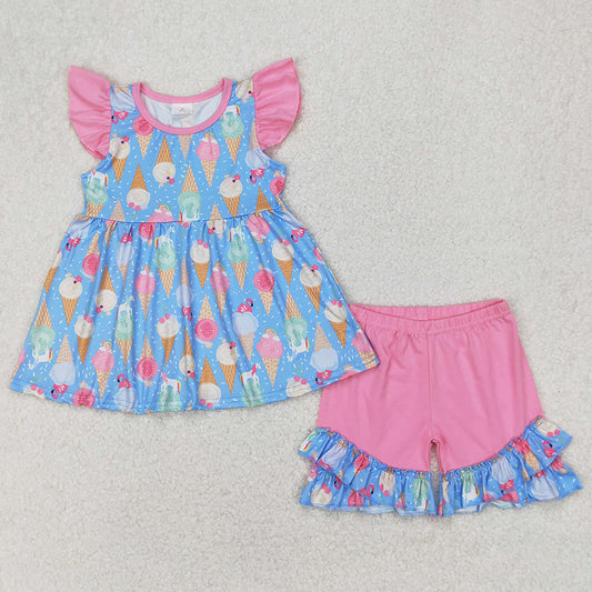 Baby Girls Clothes Pink Flutter Sleeves Ice Cream Tunic Top Ruffle Short Sets GSSO2402